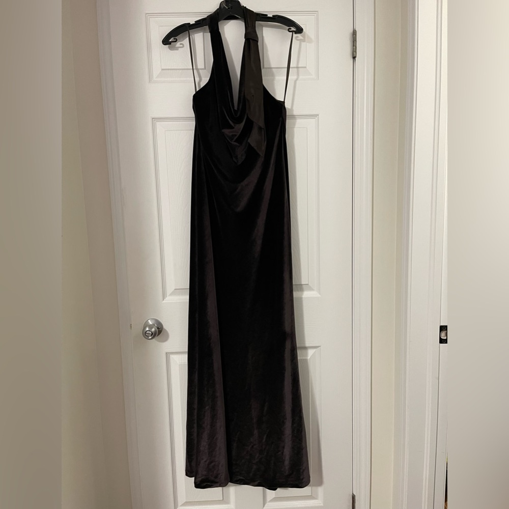 BNWT BCBG Paris Cowl Neck Satin Velvet Long Gown in Color Coffe US Small